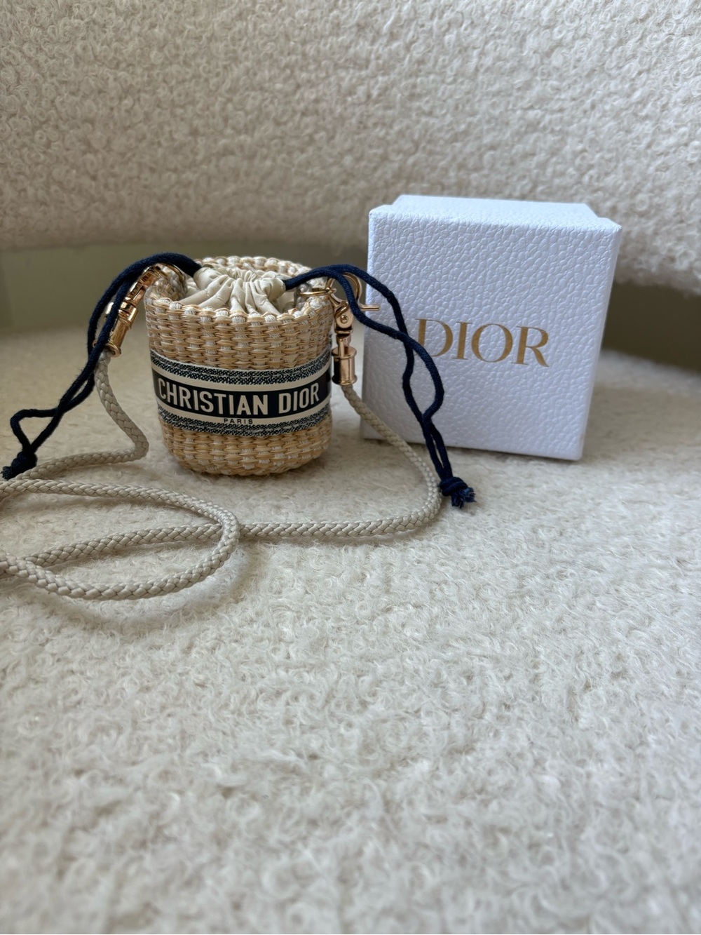 Dior Cream Raffia Mini Drawstring Bucket Bag with Navy Cord